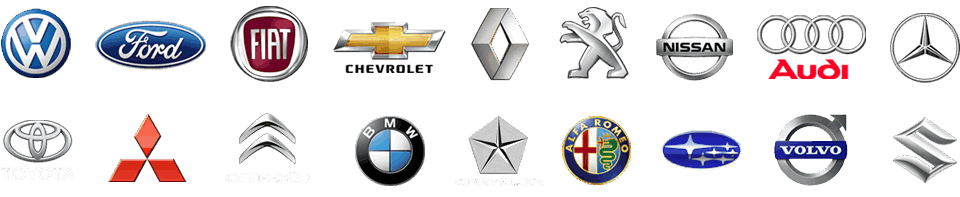 Volkswagen, Ford, Fiat, Chevrolet, Renault, Peugeot, Nissan, Audi, Mercedes, Toyota, Mitsubishi, Citroen, BMW, Chrysler, Alfa Romeo, Subaru, Volvo e Suzuki